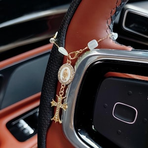 Cross Mary Rosary Steering Wheel Charm Hanging, Gold Cross Virgin Mary Rosary Car Charm Accessory, Car Rearview Mirror Protect Charms Charms
