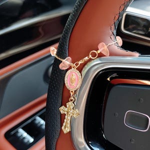 Natural Crystal Mary Rosary Steering Wheel Charm Hanging, Cross Virgin Mary Rosary Car Charm Accessory, Car Rearview Mirror Protect Charms