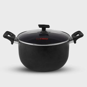 Könnte beinhalten: Schwarzer Kochtopf mit Glasdeckel und zwei seitlichen Griffen. Der Topf hat eine strukturierte Oberfläche und das Wort "CHEF" ist rot auf dem Deckel aufgedruckt. Zum Kochen.