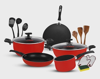 Fantastiska non-stick kokkärl i rött och svart, 15 delar