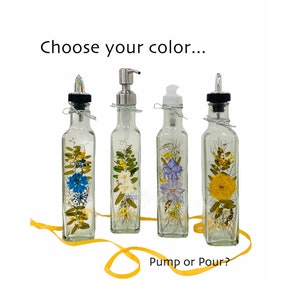 Choose your Color Pressed Flower 8.5 oz Quadra Pump or Pour, Lotion Dispenser or Soap Dispenser, Olive Oil Dressing Bottle