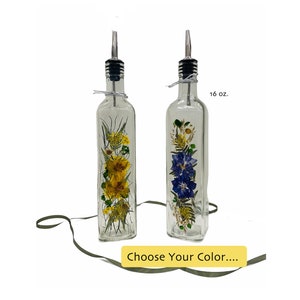 Choose your Color Pressed Flower 16 oz Quadra Glass Bottle with SS Pour Spout, Dishwashing Soap or Olive Oil Dressing Bottle