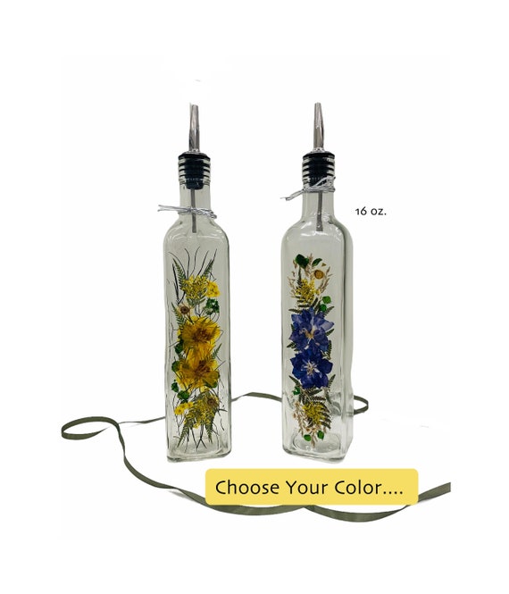 Pressed Flower Glass Soap Dispenser: 16 oz Quadra Bottle with SS Spout