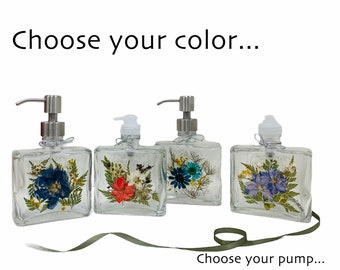 Dispensador de loción de flores prensadas: botella cuadrada de 9.5 oz, color a elegir