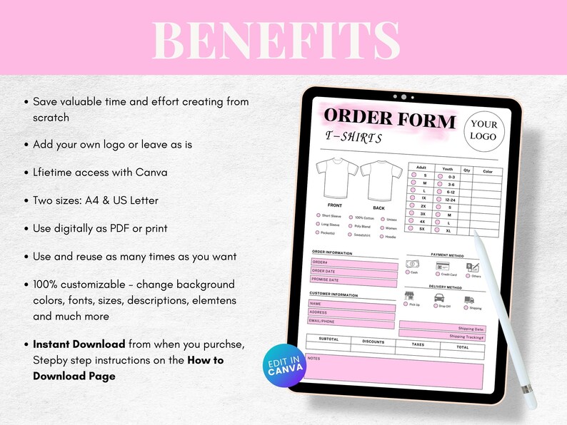 Editable Tshirt Order Form Template, Printable Small Business Order
