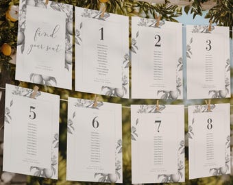 Lemon Blossom Wedding Seating Chart Cards Template: Elegant Mediterranean Table Numbers, Editable Online | CR107
