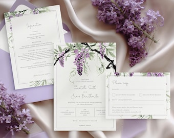 May include: Elegant wedding invitation suite featuring a floral design with purple wisteria and green accents. The invitation includes details for Chantelle Smith and James Braithwaite's wedding, with a matching RSVP card and information card.