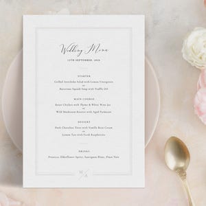 Elegante modello di menu per matrimonio stampabile in formato A5 e mezza lettera, menu minimalista con bordo senza tempo per il tavolo del ricevimento, modificabile in Corjl / Essence CR104