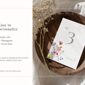 Wedding table number with vibrant summer floral design - easy to customise with your own names and wedding date using Corjl for an elevated look