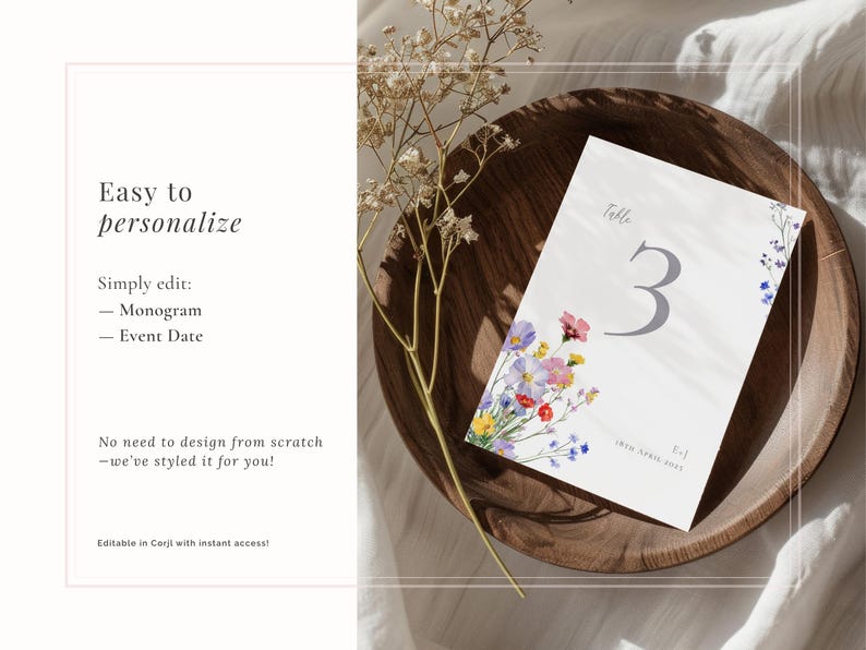 Wedding table number with vibrant summer floral design - easy to customise with your own names and wedding date using Corjl for an elevated look