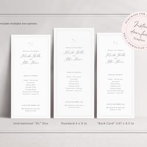 Instant download template set, includes multiple wedding program card sizes including DL, 4x9 and Rack Card sizes. Shown with fronts of cards with a wedding welcome and order of service.