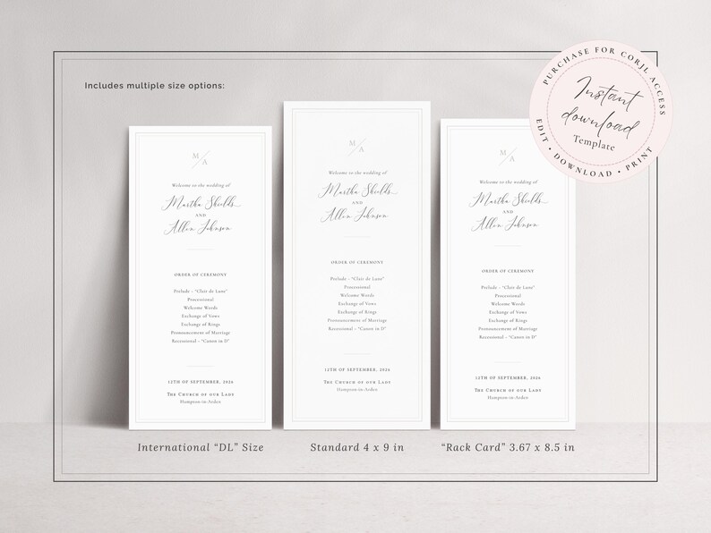 Instant download template set, includes multiple wedding program card sizes including DL, 4x9 and Rack Card sizes. Shown with fronts of cards with a wedding welcome and order of service.