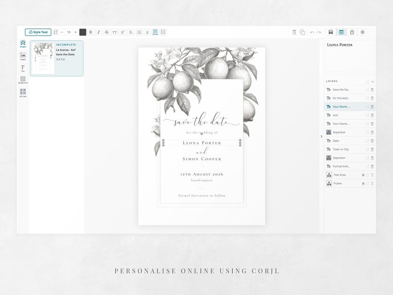 La Scorza lemon wedding save the date card design - shown being personalised using the Corjl editor online.