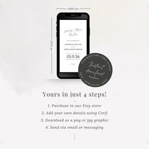 Graphic with sizing (1080 x 1920px) of the Monochrome Border black border wedding save the date evite. Make it your own in 4 steps: purchase, edit, download, and send