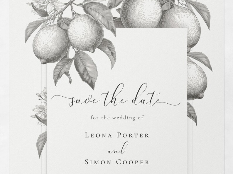Close-up detail of the La Scorza wedding save the date card design