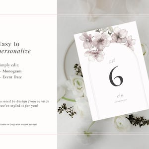 Easy to personalise using Corjl with your own wedding details - cherry blossom Sakura wedding table number in dusky pink with arch detailing