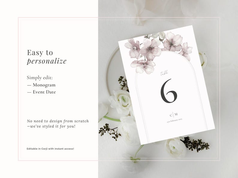 Easy to personalise using Corjl with your own wedding details - cherry blossom Sakura wedding table number in dusky pink with arch detailing