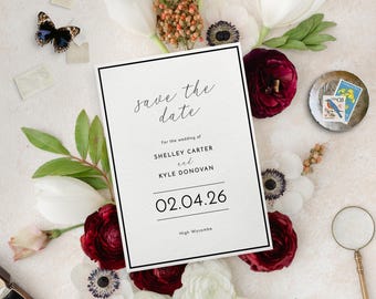 Modern Minimalist Save the Date Template: Black and White Wedding Announcement (A6 & 4x6") | CR116