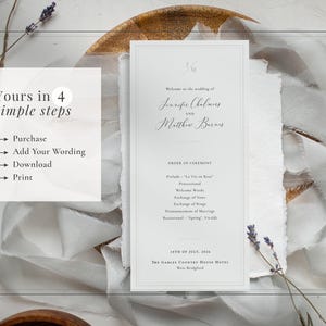 Elegant wedding programme template in off-white and dark grey with neutral border. Yours in 4 steps: purchase; edit; download and print.