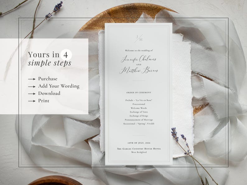 Elegant wedding programme template in off-white and dark grey with neutral border. Yours in 4 steps: purchase; edit; download and print.