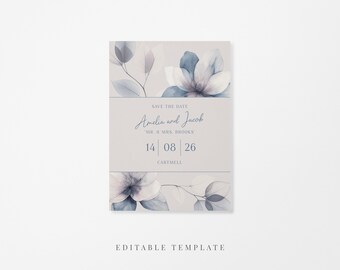 Ethereal Bloom Blue Floral Save the Date – 5x7 Editable Wedding Template