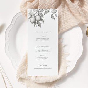 Mediterrane Zitronen-Hochzeitsmenüvorlage, 4x9-Zoll-bearbeitbares Menü, elegante einfarbige druckbare Zitrus-Dinner-Karte | La Scorza CR107