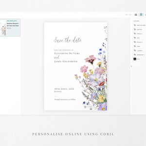 Wedding save the date card template with wildflower design - personalise using Corjl, screenshot shown