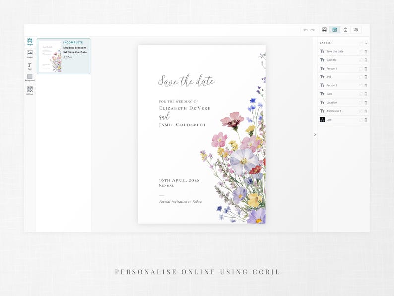 Wedding save the date card template with wildflower design - personalise using Corjl, screenshot shown