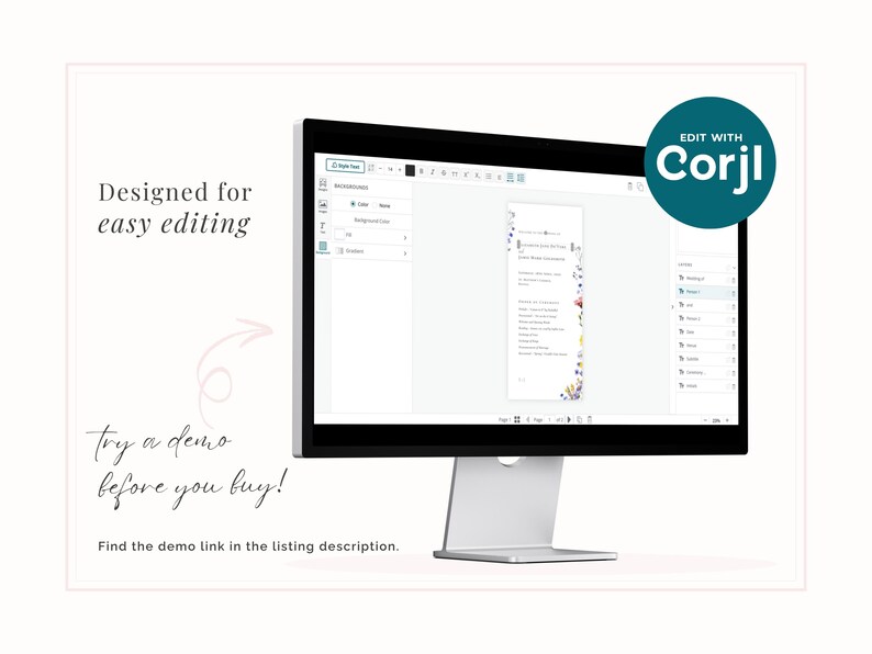 Designed for easy DIY editing with Corjl - try the demo before purchase.