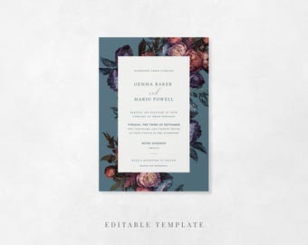 May include: A wedding invitation with a teal background and floral accents. The invitation features the names Gemma Baker and Mario Powell, along with the wedding date and location. The words "EDITABLE TEMPLATE" are at the bottom.