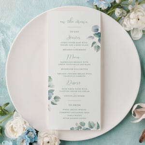 Modèle de menu modifiable de verdure d'eucalyptus | Longueur thé, design recto-verso + option pour les noms d'invité | Eucalyptus Élégance - CR103