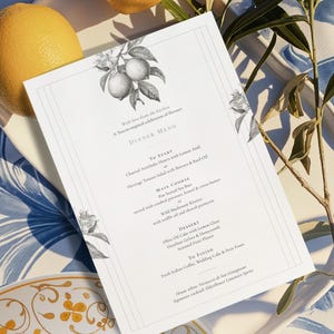 Menú de boda cítrico (A5 + plantilla de media carta), menú de mesa editable para una recepción elegante, tarjeta de cena botánica monocromática / La Scorza CR107
