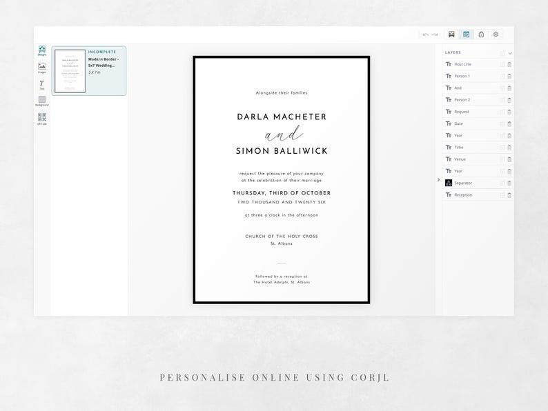 The Modern Border wedding invitation template being personalised online using Corjl
