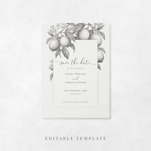 Mediterranean lemon wedding save the date card editable template in grey and white
