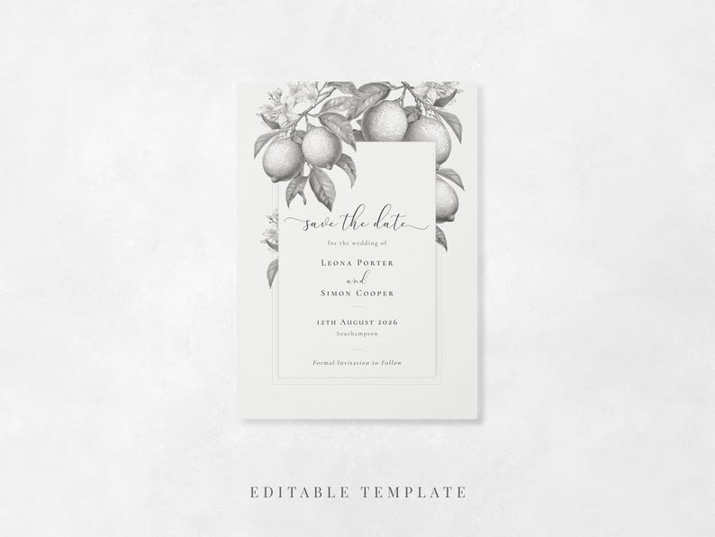 Mediterranean lemon wedding save the date card editable template in grey and white