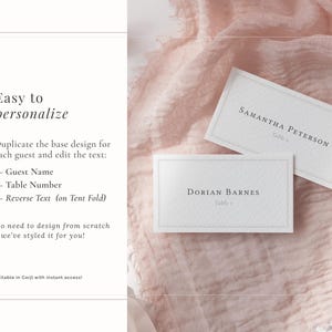 Easy to personalise wedding place card template - change the guest names and add a table number. Neutral border design flat place cards.