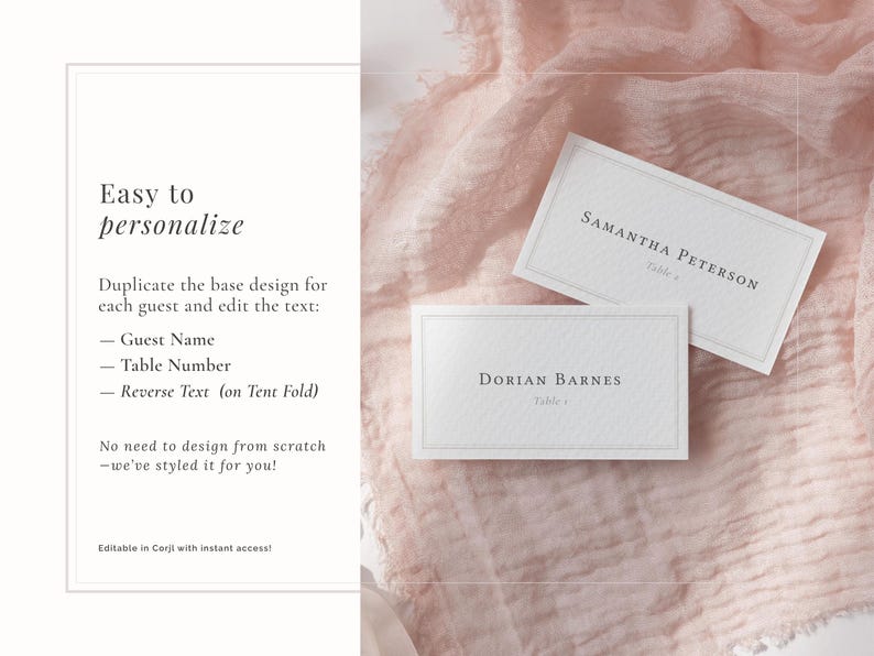 Easy to personalise wedding place card template - change the guest names and add a table number. Neutral border design flat place cards.