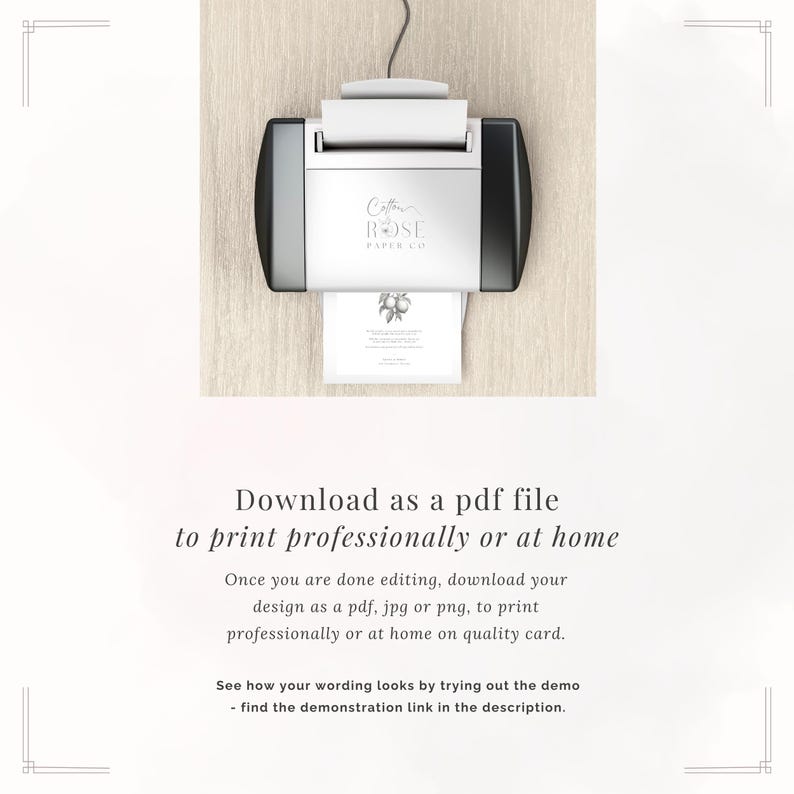 Download as a PDF or jpg to print at home or professionally. Image shows La Scorza thank you card being printed on a home printer