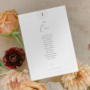 Plantilla de plan de mesas para bodas atemporal, letreros editables de 5x7 para el plano de asientos, números de mesa minimalistas con nombres de invitados / Essence CR104