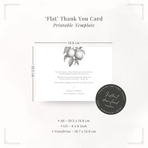Flat thank you card printable template with elegant citrus design in monochrome. Instant download set with A6, 4x6 and VistaPrint sizes