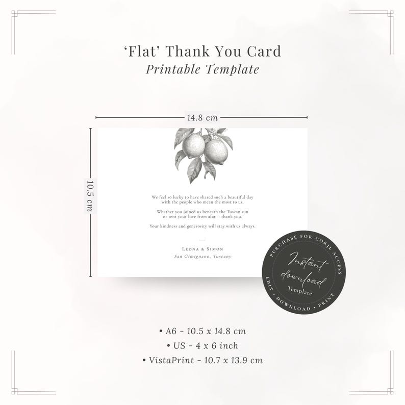 Flat thank you card printable template with elegant citrus design in monochrome. Instant download set with A6, 4x6 and VistaPrint sizes
