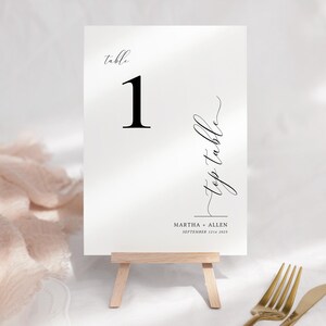 Plantilla minimalista de números de mesa en blanco y negro / Tarjetas elegantes para banquete de boda, nombres de mesa opcionales - Editable e imprimible