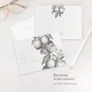 Lemon wedding thank you card with elegant botanical reverse design included for double sided printed. Shown with the reverse, and the front with space for writing, with a pencil and pair of spectacles to the sides