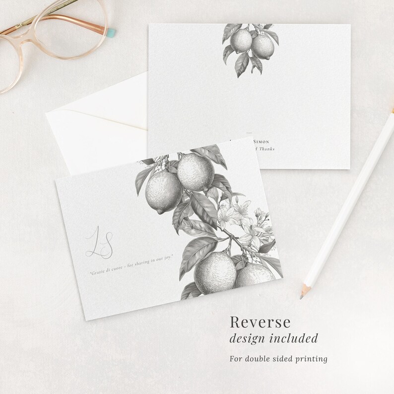 Lemon wedding thank you card with elegant botanical reverse design included for double sided printed. Shown with the reverse, and the front with space for writing, with a pencil and pair of spectacles to the sides