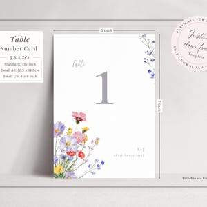 Table number card editable template with wildflower floral design - instant download template, shown in 5x7 inch