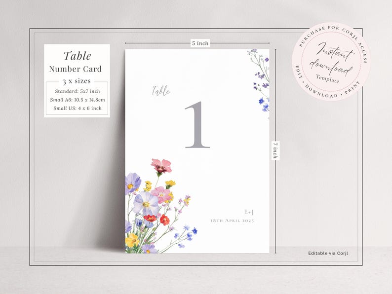 Table number card editable template with wildflower floral design - instant download template, shown in 5x7 inch