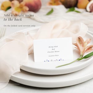 Wildflower folded wedding place card with menu options added to the back