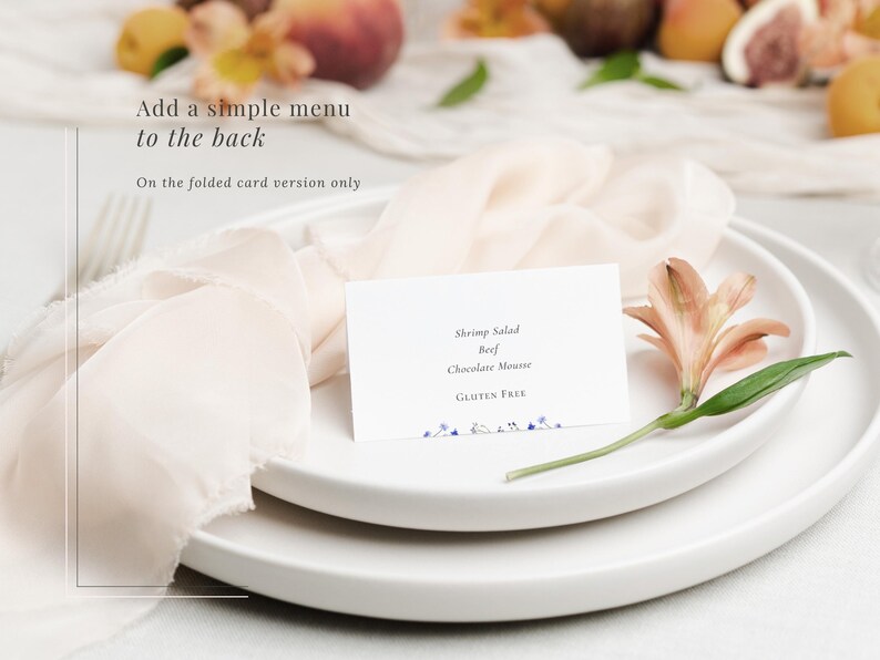 Wildflower folded wedding place card with menu options added to the back