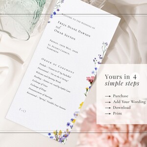 Make this wildflower order of service wedding program your own in 4 steps: purchase; edit; download; print.