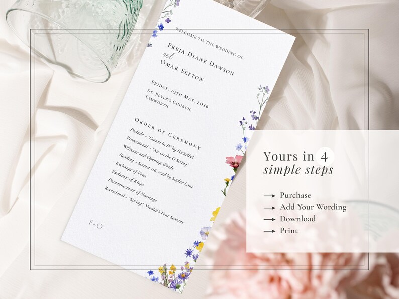 Make this wildflower order of service wedding program your own in 4 steps: purchase; edit; download; print.